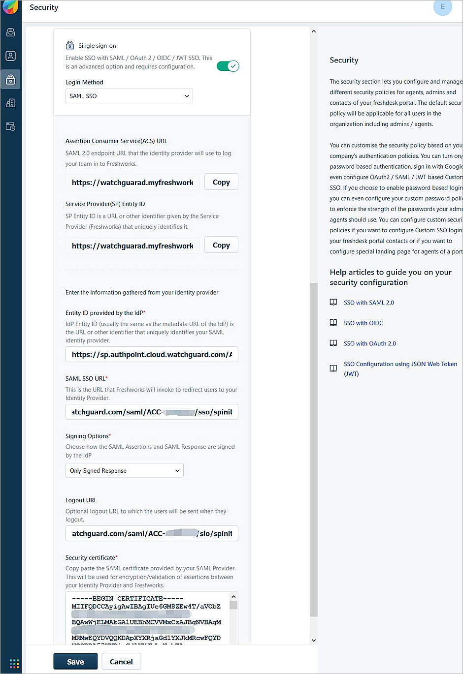 Screenshot of the SAML config